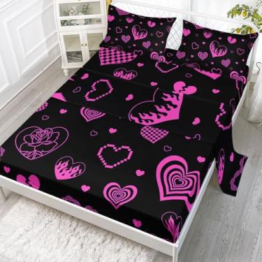 Imagem de Smell Sunshine Jogo de lençol Queen com estampa de corações roxos, 4 peças, para adolescentes, meninos, meninas, com 1 lençol de cima e 1 lençol com elástico + 2 fronhas (Purple HeartQueen)