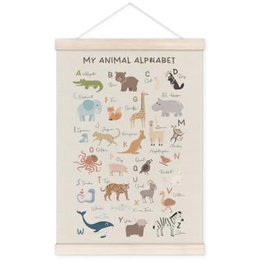 Imagem de TWRVI Cabide de pôster do alfabeto animal com moldura de madeira, decoração de parede My Animal Nursery para sala de aula, pôsteres educacionais ABC para quarto de crianças, quarto de crianças