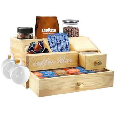 Imagem de Organizador de estação de café – Porta-copos de madeira de fazenda para balcão, organizador de lanches de bancada com alças suspensas, adequado para lanches, cápsulas de café, xaropes e vários