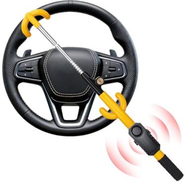 Imagem de ELECTOP Trava de volante com alarme 113db dispositivo antirroubo para carro, ganchos duplos, trava de carro com trava ajustável e sistema de alarme de carro de 2 teclas com sensor de movimento, ajuste