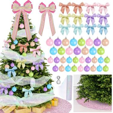 Imagem de Cinrobiye Conjunto de decoração de árvore de Natal, incluindo 48 bolas de enfeites de Natal, 12 laços, topo de árvore, saia de árvore, fita de malha para árvores de Natal, guirlanda de festa de Natal