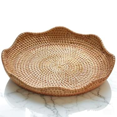 Imagem de Bandeja de servir de vime redonda – Travessa decorativa de tecido natural para balcão de cozinha, mesa central e decoração de fazenda, 25 x 4 cm