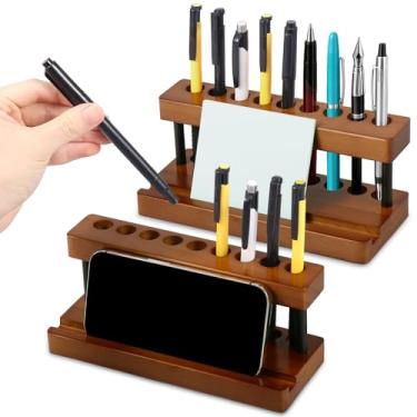 Imagem de Suporte de madeira para mesa, suporte de lápis de madeira maciça, suporte para exibição de canetas-tinteiro com 9 compartimentos e suportes de telefone, organizador de canetas multifuncional marrom