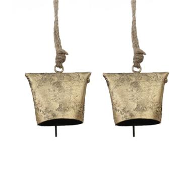 Imagem de Trrystals Detalhe de parede de ferro rústico – Conjunto de 2, decoração de metal feita à mão com corda para uso interno e externo (Sino de cúpula dourada, 7,6 cm 7,6 cm)