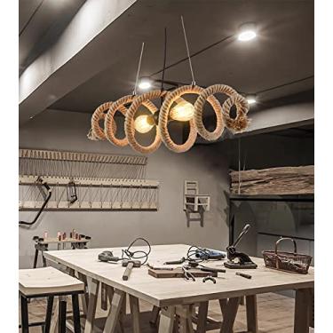 Imagem de Lustre vintage de corda retrô de cânhamo com 2 chamas, soquete E27, luminária pendente antiga estilo loft rústico industrial, altura ajustável, ideal para mesa de jantar, cozinha, sala de es