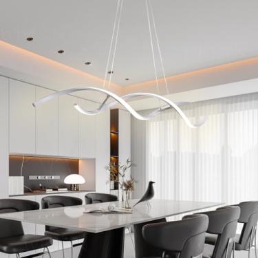 Imagem de Luminária pendente espiral de LED para cozinha, modelo linear, com 100 cm de comprimento, altura ajustável, temperatura de cor regulável (3000-6500K) e controle remoto, ideal para sala de ja