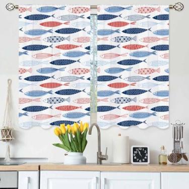 Imagem de Gpiaoyfo Cortinas de cozinha de peixe cor abstrata moda azul vermelho rosa listrado vida selvagem cortinas de camada curta para banheiro café pequenas cortinas de janela tratamento 2 painéis (27,5 x