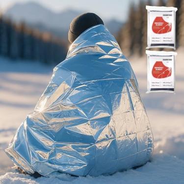 Imagem de Cobertor térmico portátil de 2 peças – cobertor espacial de dois lados de prata de 163 × 203 cm, isolamento externo e de sobrevivência de emergência, leve e compacto para acampamento, caminhada
