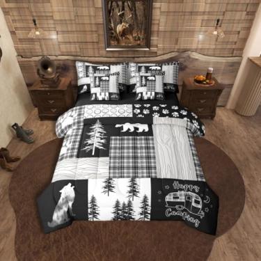 Imagem de Erosebridal Conjunto de cama casal, 7 peças, rústico, urso, cabana de fazenda, caçador de lobo, com lençóis, colcha xadrez xadrez cinza e preto, colcha quadriculada, decoração de acampamento, trailer