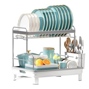 Imagem de Escorredor de louça de 2 níveis, escorredores de pratos para balcão de cozinha, organizador grande com suporte de utensílios, bico giratório de 360°, escorredor de louça, A (B)