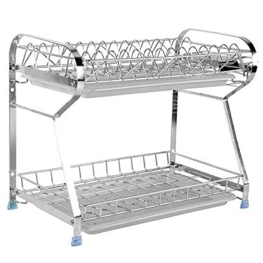 Imagem de Escorredor de pratos de 2 níveis, escorredor de pratos de aço inoxidável 304, prateleira de armazenamento de suprimentos de cozinha, prateleira de drenagem com pauzinhos/suporte de tábua de corte