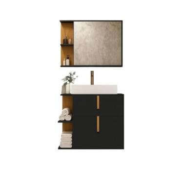 Imagem de Kit Armário Organizador Gabinete P/Banheiro Com Espelheira E Star 2 Portas(Argos Preto Com Nature)