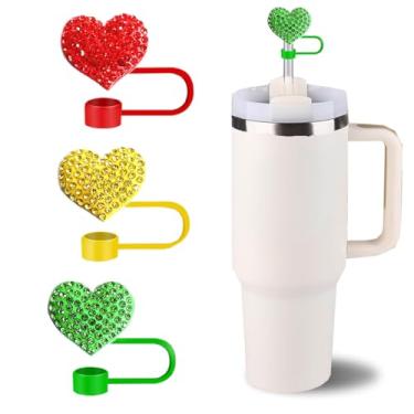 Imagem de 3 peças de topo de palha para Stanley Cup New Heart Rhinestone Cover Cap 1,134.0 g/850.5 g, tampas de silicone 3D para canudos de 10 mm, acessórios festivos para copos e presentes de dia dos namorados