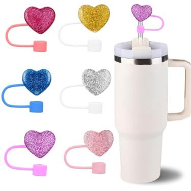 Imagem de 6 peças de topo de palha para Stanley Cup New Glitter Heart Cover Cap 1,134.0 g/850.5 g, tampas de cobertura de palha de silicone 3D para canudos de 10 mm, acessórios festivos para copos e presentes