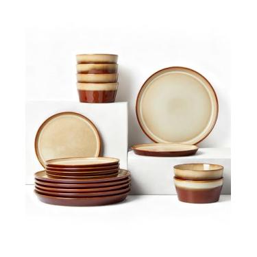 Imagem de Pokini Conjunto de louça de grés para 6 pessoas, marrom e amarelo