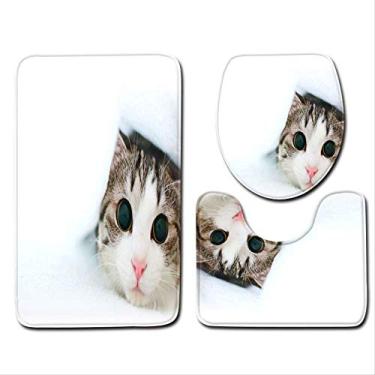 Imagem de Tapete de banheiro de três peças para gatos, tapete decorativo de banheiro 3D para animais de estimação e assento de vaso sanitário, cobertor de banheiro antiderrapante, tapete de chuveiro