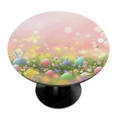 Imagem de hongjinglin Toalha de mesa redonda com borda elástica de Páscoa, toalha de mesa redonda limpável para ambientes internos e externos, pátio, jantar, cozinha, festival, decoração para mesas de 114 a 127