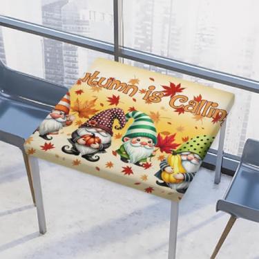 Imagem de hongjinglin Toalha de mesa quadrada para uso ao ar livre com borda elástica, toalha de mesa quadrada com gnomo limpável, dourada para decoração de cozinha e pátio interno para mesas de 86 x 86 cm