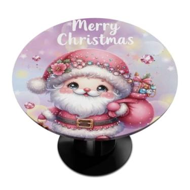 Imagem de hongjinglin Toalha de mesa redonda com borda elástica fofa papai noel rosa ajustada toalha de mesa redonda limpa para ambientes internos e externos, pátio, jantar, cozinha, festival, decoração para