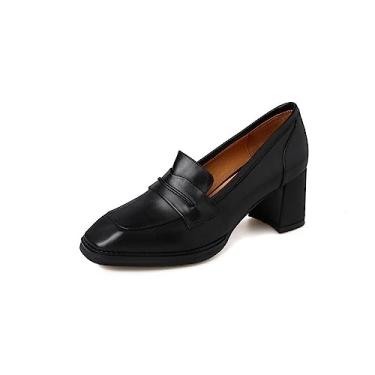 Imagem de TinaCus Mocassins femininos de couro genuíno feitos à mão com bico quadrado salto médio para escritório, Preto, 37
