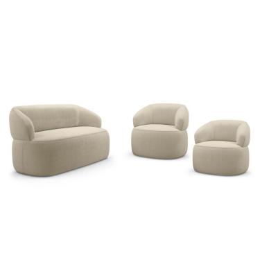 Imagem de Kit 02 Poltronas Giratória E 01 Sofá Orgânico Glee 02 Lugares 140cm Bouclê Bege - Abmaza