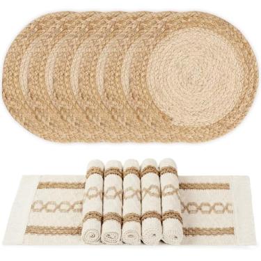 Imagem de YANGQIHOME Jogo americano Boho conjunto de 6, jogo americano rústico para decoração de mesa de jantar, tapetes trançados feitos à mão em juta de algodão natural e canudo de água para mesa de cozinha