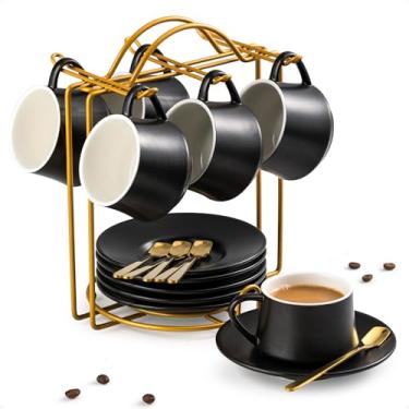 Imagem de YHOSSEUN Conjunto de 6 xícaras de café expresso de cerâmica, copo Expresso Shots de 118 ml com suporte e pires, xícaras pequenas de café expresso Demitasse, preto
