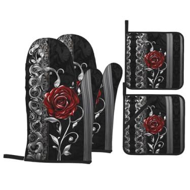 Imagem de Pretty Roses - Conjunto de luvas de cozinha estampadas com suportes de tampa, luvas de forno resistentes ao calor para manusear panelas quentes, grelhar, churrascos, kit de 4 peças.