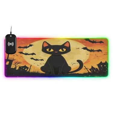 Imagem de CEBUGI Black Cat Mouse pad de carregamento sem fio 15W mouse pad rápido para jogos com iluminação LED RGB 14 para jogos, MacBook, PC, laptop, mesa | 80 x 30 cm