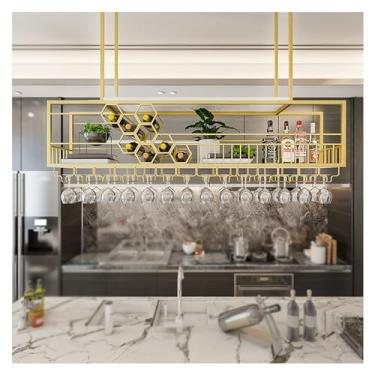 Imagem de GKPSSURV Rack de exibição de vinho moderno montado na parede rack de teto para copos de vinho, armário de rack de vinho de pendurar na parede com suporte de vidro, suporte de garrafa de vinho de ferro