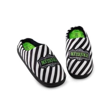Imagem de Vanilla Underground Beetlejuice Pantufas Mule pretas unissexo | sapatos de casa com design de logotipo icónico | Calçado confortável sem atacadores, Mercadoria clássica do filme Tim Burton, Preto, 43