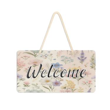 Imagem de Burbuja Placa de boas-vindas retrô com flores de jardim para porta da frente, placa de boas-vindas de PVC para decoração de férias, 15,8 x 28,7 cm