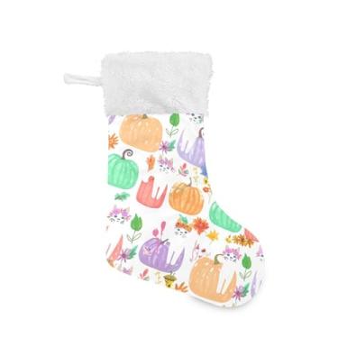 Imagem de Burbuja Meia de Natal de gatos brancos em abóboras 45,7 cm com punho branco, decorações de festa de Natal em família, pacote com 2