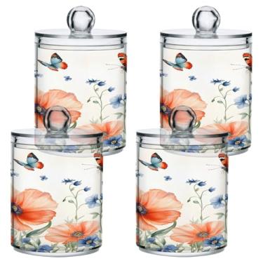 Imagem de STAYTOP 4 frascos de boticário de flores silvestres e borboletas Qtip para banheiro com etiquetas - Recipiente de armazenamento Qtip de plástico transparente para bola de algodão, cotonete, grão de