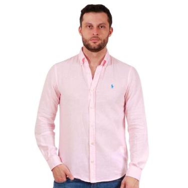 Imagem de Camisa Ralph Lauren Masculina Custom Fit Linho Blue Logo Rosa, L/G