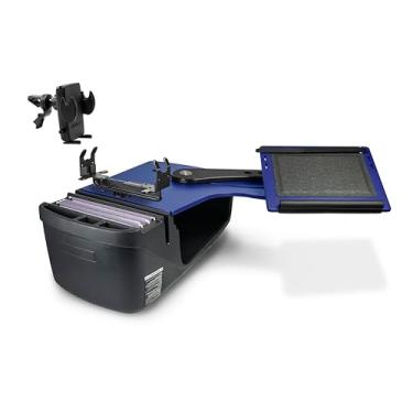 Imagem de AutoExec Alcance o banco traseiro da mesa lado esquerdo para a estação de trabalho do seu veículo e escritório móvel, azul, com suporte para impressora e clipe de ventilação do telefone