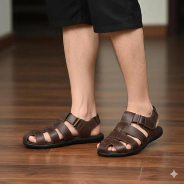 Imagem de Sandália De Couro Masculina Confortável Franciscana solado derrapante 