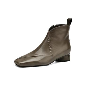 Imagem de TinaCus Bota feminina de couro legítimo, bico quadrado, zíper lateral, salto baixo, feita à mão, Caqui, 38