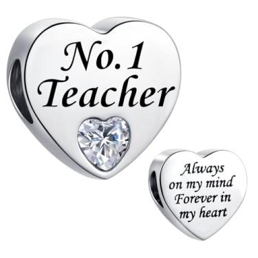 Imagem de MiiFort Número 1 Pingente de coração de amor transparente para professores, pulseiras Pandora, contas de aniversário para mulheres, Always on My Mind Forever In My Heart Aço inoxidável
