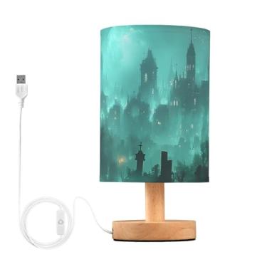 Imagem de Joisal Abajur de cabeceira de vila assombrada iluminada pela lua de Halloween, abajur de mesa para quarto, itens essenciais para quarto de dormitório