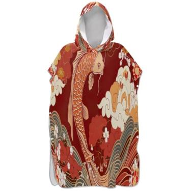 Imagem de Joisal Poncho de surfe vermelho de peixe japonês flores de cerejeira para adultos roupão vestível masculino com capuz toalhas de banho com capuz