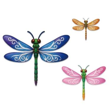Imagem de GOMAKERER 3 peças de decoração de parede de libélula colorida, libélula de madeira com asas distintas, elementos de inseto, ornamentos temáticos para cerca, jardim, pátio, decoração, varanda, quarto