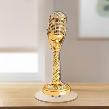 Imagem de Microfone vintage dourado com diamantes em acrílico giratório para alívio de estresse, adequado para decoração de casa. Ideia de presente para Natal, aniversário, aniversário, dia dos namorados