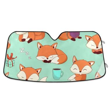 Imagem de Toldo de sol turquesa de raposas de desenho fofo para para-brisa de carro protetor solar retrátil universal fofo para para-brisa dianteiro de carro impressões de animais M, 139,7 cm x 70,1 cm