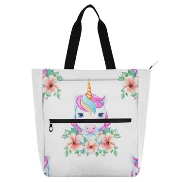 Imagem de GAIGEO Linda bolsa de trabalho de unicórnio branca para mulheres, bolsa de lona com zíper, bolsa de praia para professores de presente para amantes de livros