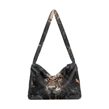 Imagem de Bolsa de pelúcia Ferocious Leopard preta de parede quebrada, sacola com zíper e alça de ombro, bolsa de ombro para mulheres, Leopardo atrás da parede preta quebrada, One Size