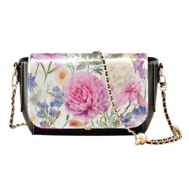 Imagem de Rosas vermelhas aquarela em bolsa transversal branca com alça de corrente, presentes de couro para mulheres, Flores vintage floral aquarela - 4, One Size