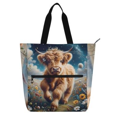 Imagem de GAIGEO Sacola feminina floral Highland vaca bezerro bonito para trabalho lona praia livro tote com zíper bolsas professores com compartimentos