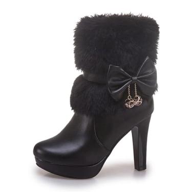 Imagem de QOOEL Botas femininas de salto grosso peludas confortáveis bico redondo com zíper lateral salto alto botas curtas quentes de inverno botas curtas Grace Bow Strass Dress Booties, Preto - 1, 38