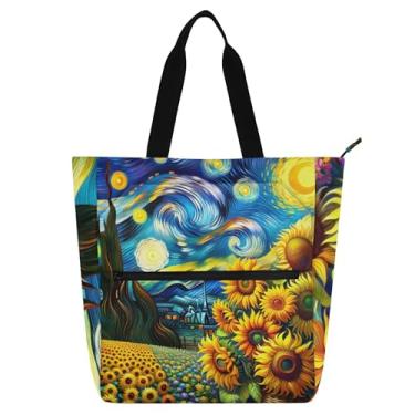 Imagem de GAIGEO Sacola feminina com pintura de girassóis de noite estrelada para trabalho, escola, bolsa para livros, presente para amantes de livros